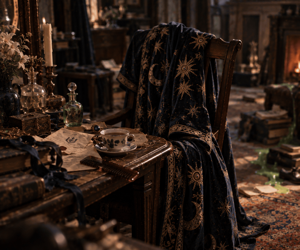 An embroidered blue-black wizard’s coat draped over a wooden chair beside perfume bottles, rings, a comb, tea and a sealed letter, with green magical slime creeping across the floor.