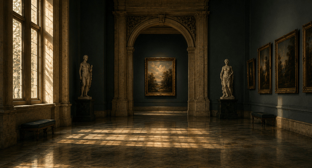 A quiet, sunlit museum gallery with classical statues, framed paintings and polished marble floors, evoking memory, absence and the persistence of what remains.
