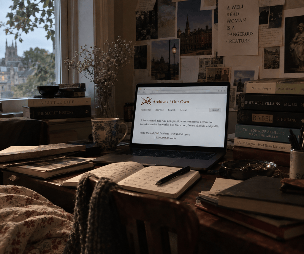 A warmly lit writing desk with an open laptop displaying a fanfiction archive, surrounded by books, notebooks and reading materials.