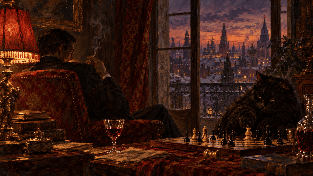 A painterly illustration of Woland glancing over his shoulder, with Behemoth the black cat beside a chessboard and Moscow at dusk beyond the window.