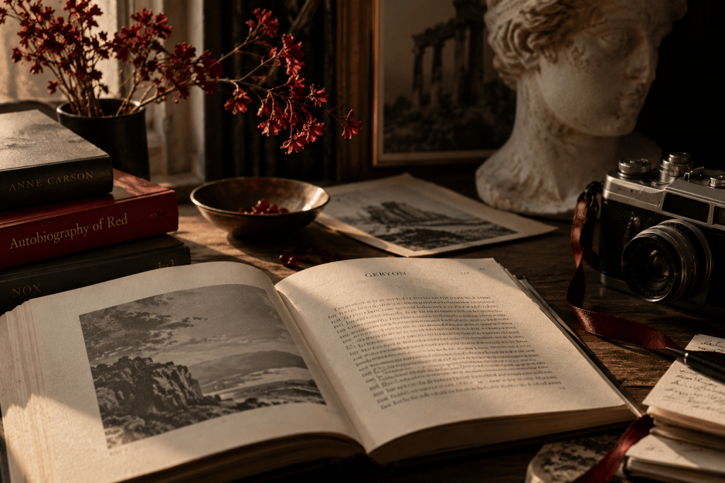 A warmly lit literary desk with an open book on Geryon, Anne Carson books, a vintage camera, classical bust and deep red flowers.
