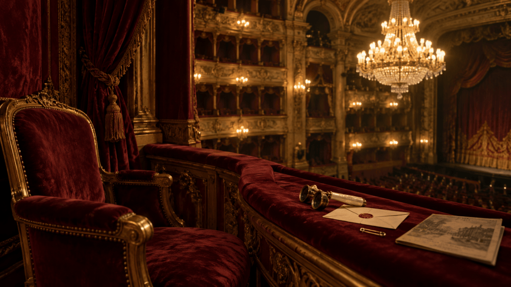 An empty burgundy velvet opera box with antique opera glasses, a sealed letter, a safety-pin and a programme overlooking a gilded auditorium and illuminated chandelier.