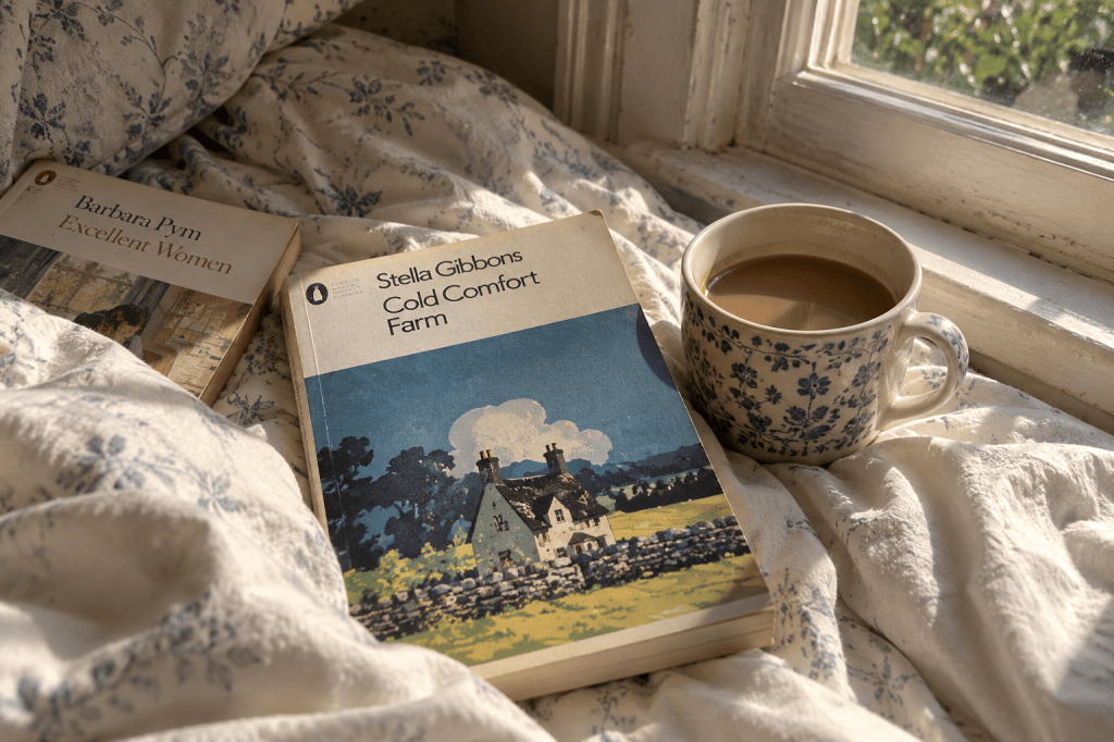 Cold Comfort Farm by Stella Gibbons beside Excellent Women by Barbara Pym and a cup of coffee in morning light.